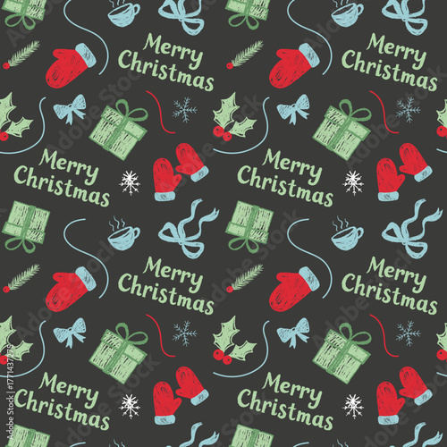 Christmas seamless pattern with cute chalk doodles. Crayon style. Dark background. Tree, gifts, text Merry Christmas