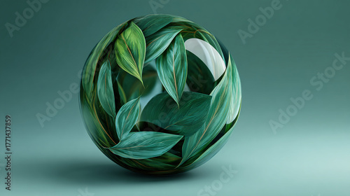 A close-up view of a spherical object adorned with many green leaves