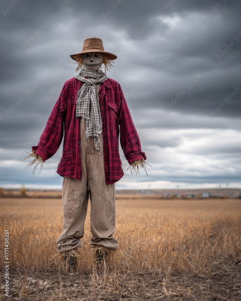 Fototapeta premium Scarecrow stands alone in a harvested field beneath a dramatic, cloudy sky.