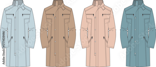 A collection of four men's light-colored trench coats in various shades, showcasing different styles and details