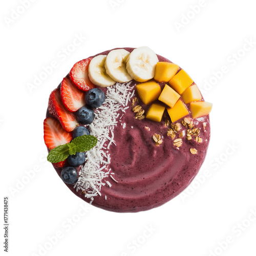 Acai bowl with coconut and tropical fruits isolated on white background