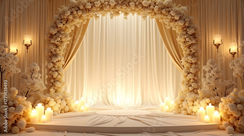 “Ivory and Gold Classic Wedding Stage with Candlelight Illumination and Ornate Arch Decor – Velvet and Crystal Texture”