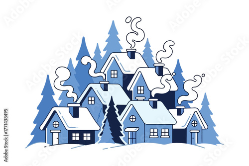 Village winter snow houses trees smoke chimney vector
