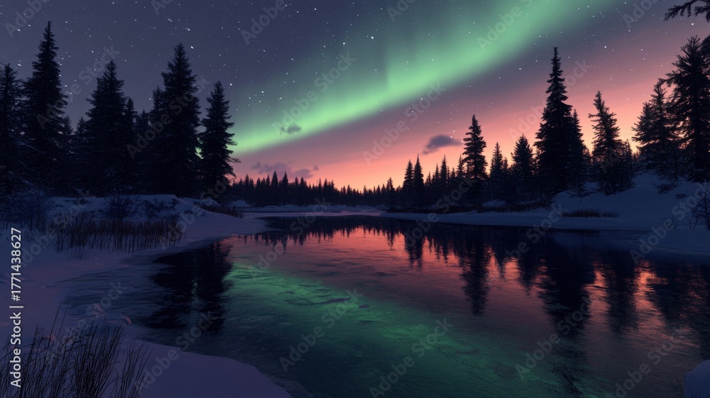 Fototapeta premium Northern lights over snowy forest and frozen lake with silhouetted pine trees under a colorful night sky