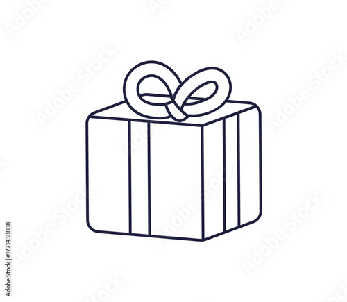 Gift box, present in line art style. Festive holiday surprise in package with...