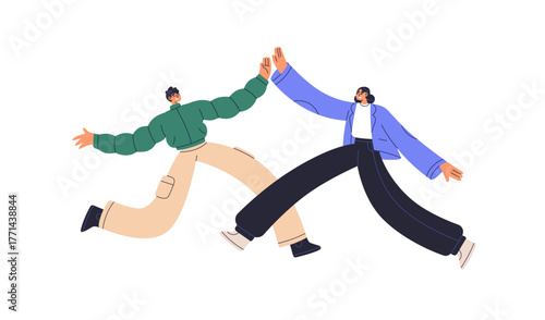 Happy best friends, young man and woman, giving high five with hands, greeting with excited emotion. Cheerful people celebrating friendship. Flat vector illustration isolated on white background