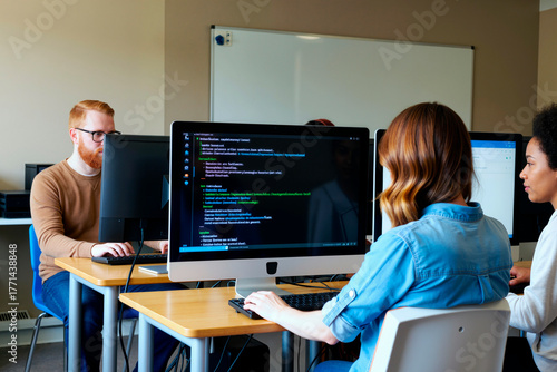 Group of young multiethnic women and man working on computers in modern classroom, female students coding on desktop monitors while male student focusing on his screen