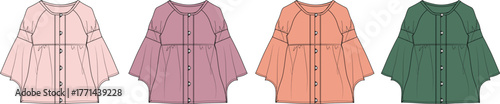 Fashion illustration of various colored button-down tops with fluted sleeves, a seasonal apparel concept