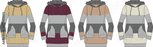 Set of women's color block hoodies with fur trim hood and large pockets. Fashion technical flat sketch vector illustration template