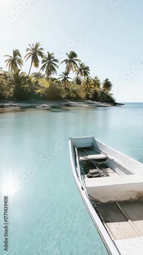 A beach with a small rock and two palm trees. The water is calm and the sky is clear