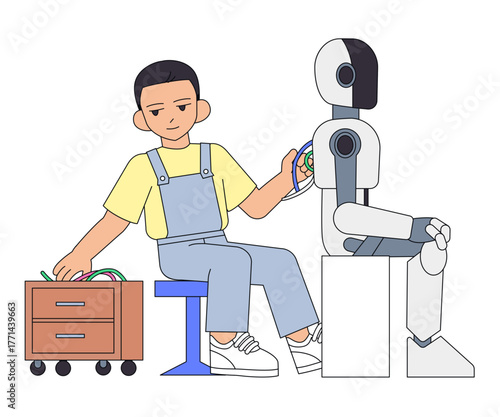 Technician repairing humanoid robot
