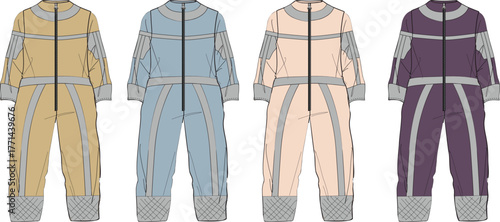 Four stylish, colored jumpsuits on a white background, showcasing fashion and apparel design