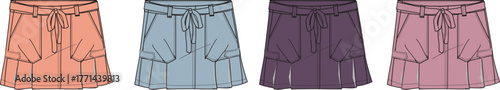 Women's casual mini skirt fashion flat sketch collection in multiple colors. Vector template featuring a drawstring waist, pockets, and a ruffled hem for apparel design
