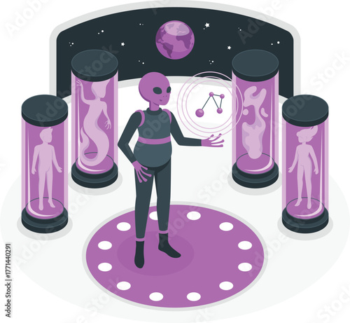 Alien examining specimens in futuristic laboratory with planetary backdrop extraterrestrial science