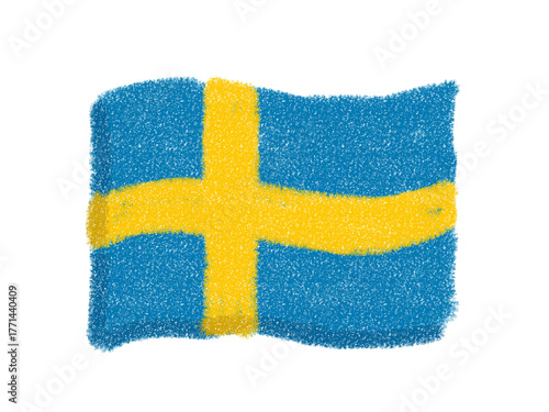 Hand-drawn illustration of the Swedish flag in crayon.
