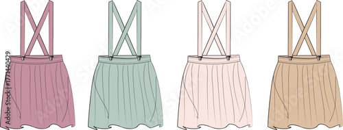 Fashion apparel design concept illustrated collection of technical flat sketches featuring a charming suspenders skirt in soft pastel colors, ideal for garment development