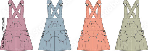 Four adorable baby overalls in pastel colors, showcasing cute fashion design and style for toddlers