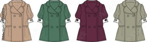 Vector illustration set of a women's double-breasted coat with puff sleeves. Technical flat fashion sketch template for apparel design in multiple colorways
