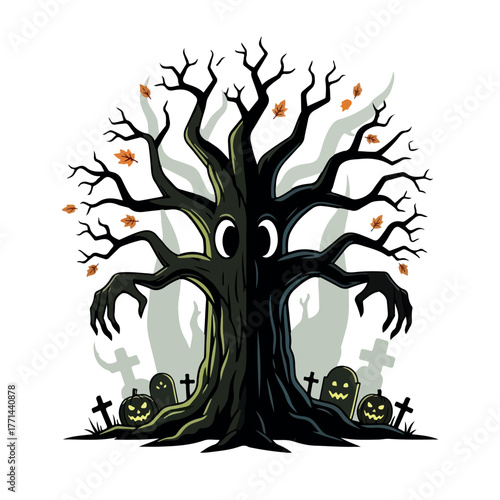 Haunted tree with eyes, cartoon vector, spooky Halloween theme
