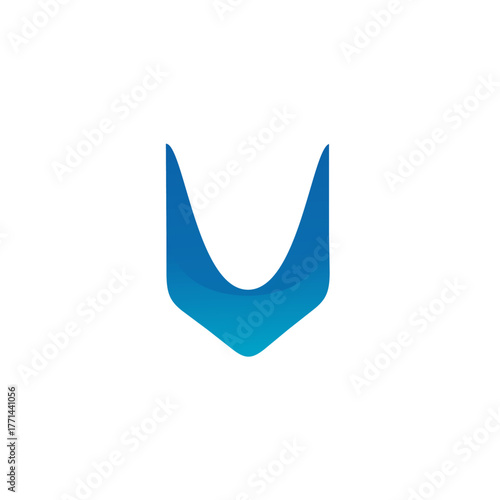 Abstract azure down pointing chevron symbol with a smooth gradient and curved form, suggesting navigation, direction, or a graphical brand identity design element and visual presentation