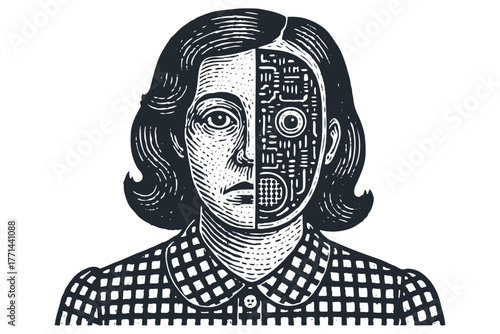 A cyborg girl with a face that is half human and half robot. AI and technology concept in a vintage monochrome engraving or woodcut style. Vector illustration.