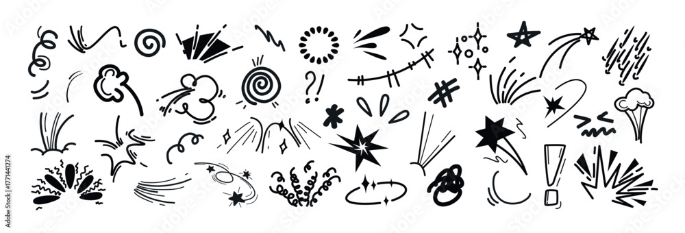 Naklejka premium Hand drawn marker line movement elements, anime manga doodle icon set. Black comic emotion symbols, emoji. Explosion effects, expression signs, emphasis, exclamation mark, action lines in sketch style