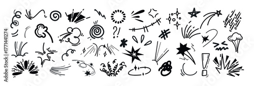 Hand drawn marker line movement elements, anime manga doodle icon set. Black comic emotion symbols, emoji. Explosion effects, expression signs, emphasis, exclamation mark, action lines in sketch style