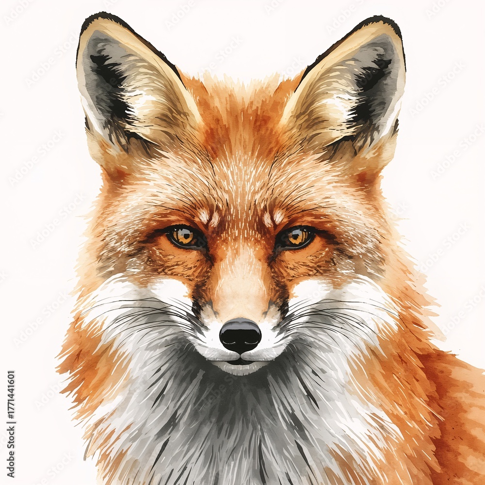 Fototapeta premium Luxury Watercolor Fox Portrait with Gold Ink Accents and Neutral Forest Background