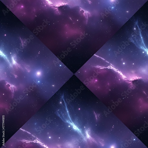 An abstract design featuring a repeating pattern of cosmic clouds and twinkling stars, creating a celestial patchwork