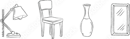 Line art illustration of four common household objects including an adjustable lamp a wooden chair a decorative vase and a rectangular mirror ideal for interior design concepts