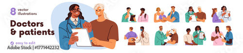 Patients visiting doctor set. Therapist, practitioner consulting, giving medical advice, prescription. Health exam in hospital, clinic. Flat graphic vector illustration isolated on white background
