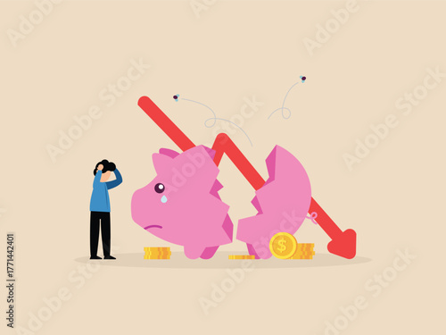 Investment failure concept: Sad broken piggy bank and crying man with a chart showing market crash and negative financial trend. Serious financial crisis