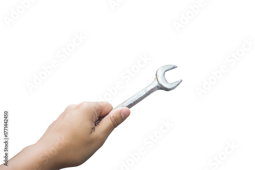 Hand Holding Metal Wrench or Spanner Isolated on White Background