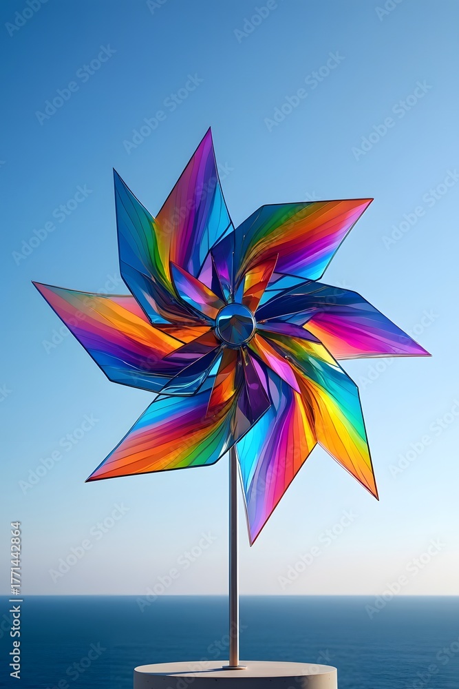 Fototapeta premium Colorful pinwheel against a bright blue sky creating a vibrant and cheerful atmosphere outdoors