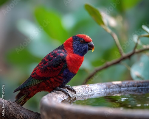 Zoo Bird Bath with Red and Black Colorful Parrot Parakeet on Tropical Tree Branch