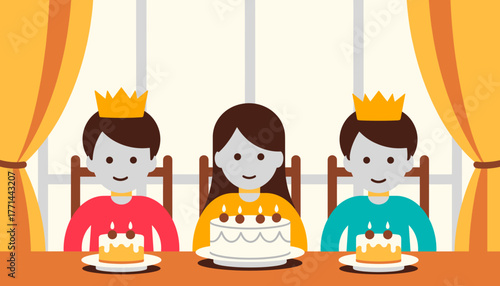 Three children with crowns celebrating Epiphany with cake in dining room, joyful tradition