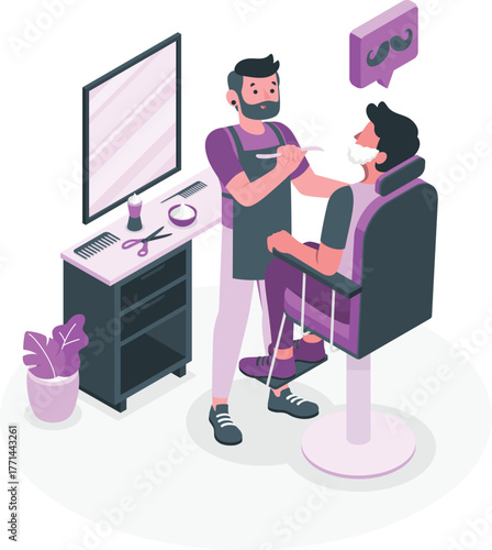 Barber shaving customer with straight razor in barbershop vector