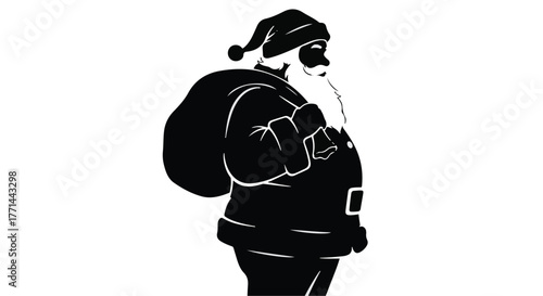 Silhouette of Santa Claus carrying a sack of gifts on his shoulder, ready for Christmas delivery.