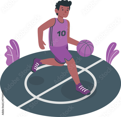 Basketball player dribbling on court with plants male sport