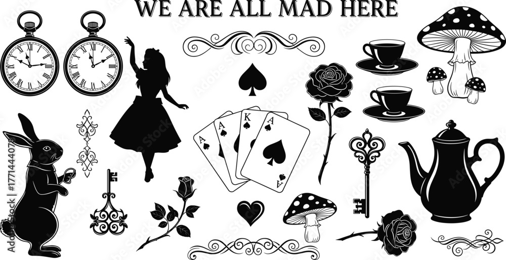 Naklejka premium Alice in Wonderland silhouette vector set, vintage tea party, rabbit clock, playing cards, mushrooms, teapot, keys, roses, fantasy design illustration
