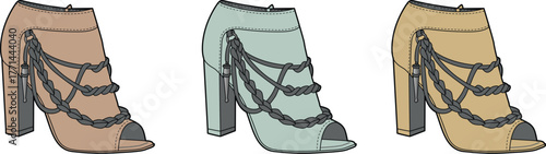 Stylish vector collection of women's open-toe high-heeled ankle boots, detailed with elegant chain embellishments and presented in a trio of chic color variations