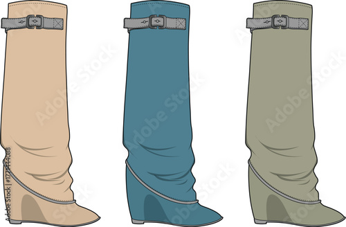 Set of three stylish women's slouchy wedge boots with buckle strap in various colors. Fashionable knee-high footwear illustration for design