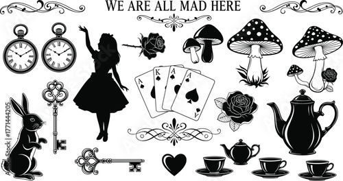 Alice in Wonderland vintage silhouette vector, tea party elements, playing cards, rabbit, mushrooms, keys, roses, quote design, fantasy art illustration