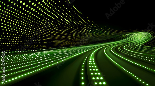 Green room neon bright lights against a technological backdrop. An abstract green backdrop