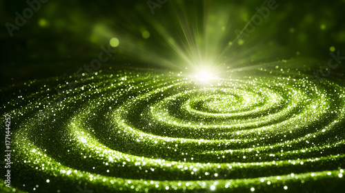 Green room neon bright lights against a technological backdrop. An abstract green backdrop