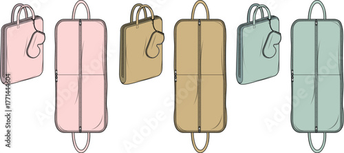 Vector illustration set of garment protector bags in pastel colors. Travel and storage essentials concept for suits and dresses