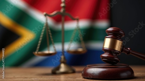South African flag with gavel and scales of justice