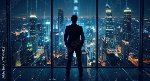 Businessman looking at a futuristic cityscape from a high-rise office window. Digital network over a smart city. Business success and technology vision concept