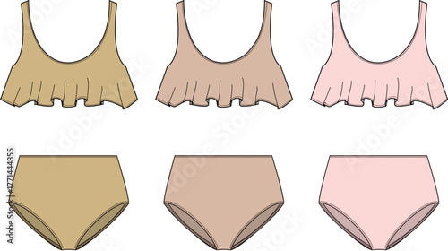 Fashion illustration of three bikini sets with ruffle tops and high-waisted bottoms in tan, beige, and pink