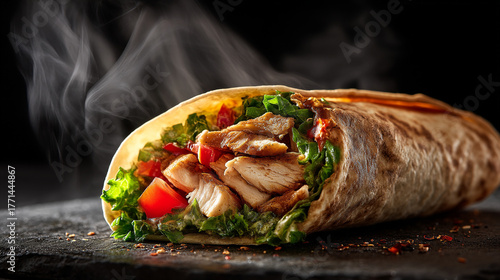 Close up shot of a steaming chicken wrap filled with lettuce and tomatoes on a dark surface